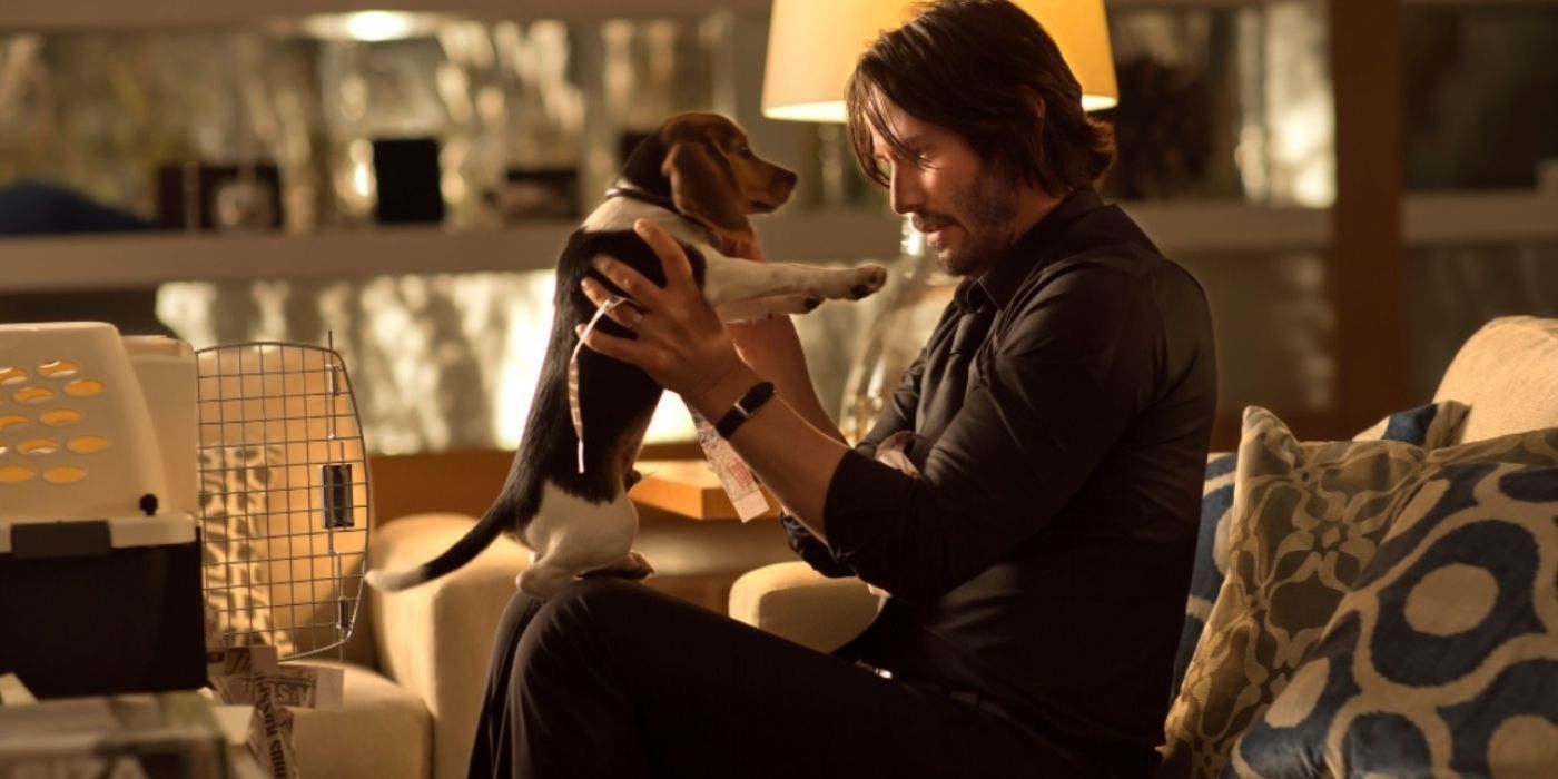 John Wick, played by Keanu Reeves, holding up his puppy his wife gave him in John Wick