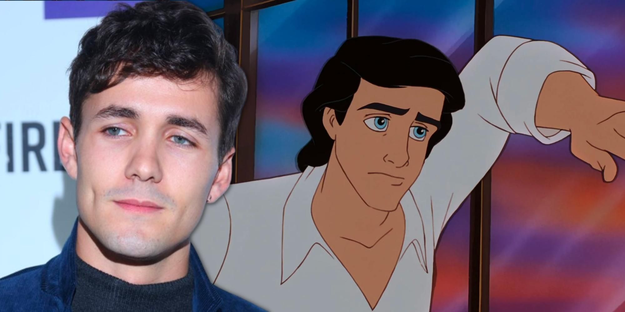 Jonah Hauer-King in front of a still of Prince Eric from the Disney animated film the Little Mermaid