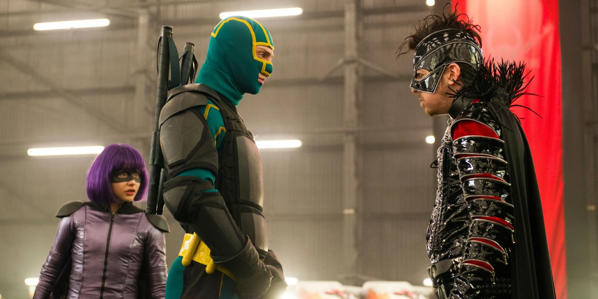 Hit-Girl, Kick-Ass, and Chris D'Amico staring at each other 