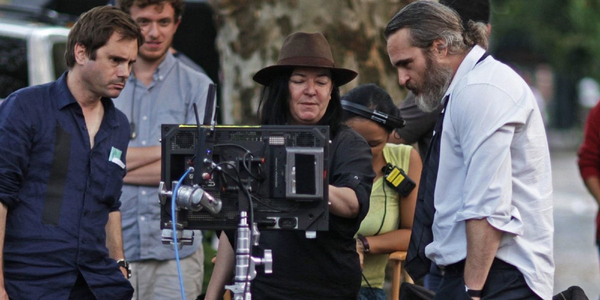 Lynne Ramsay and Joaquin Phoenix on set filming You Were Never Really Here.