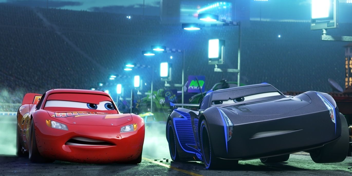 Lightning McQueen and his rival Jackson Storm provoke each other on the race track