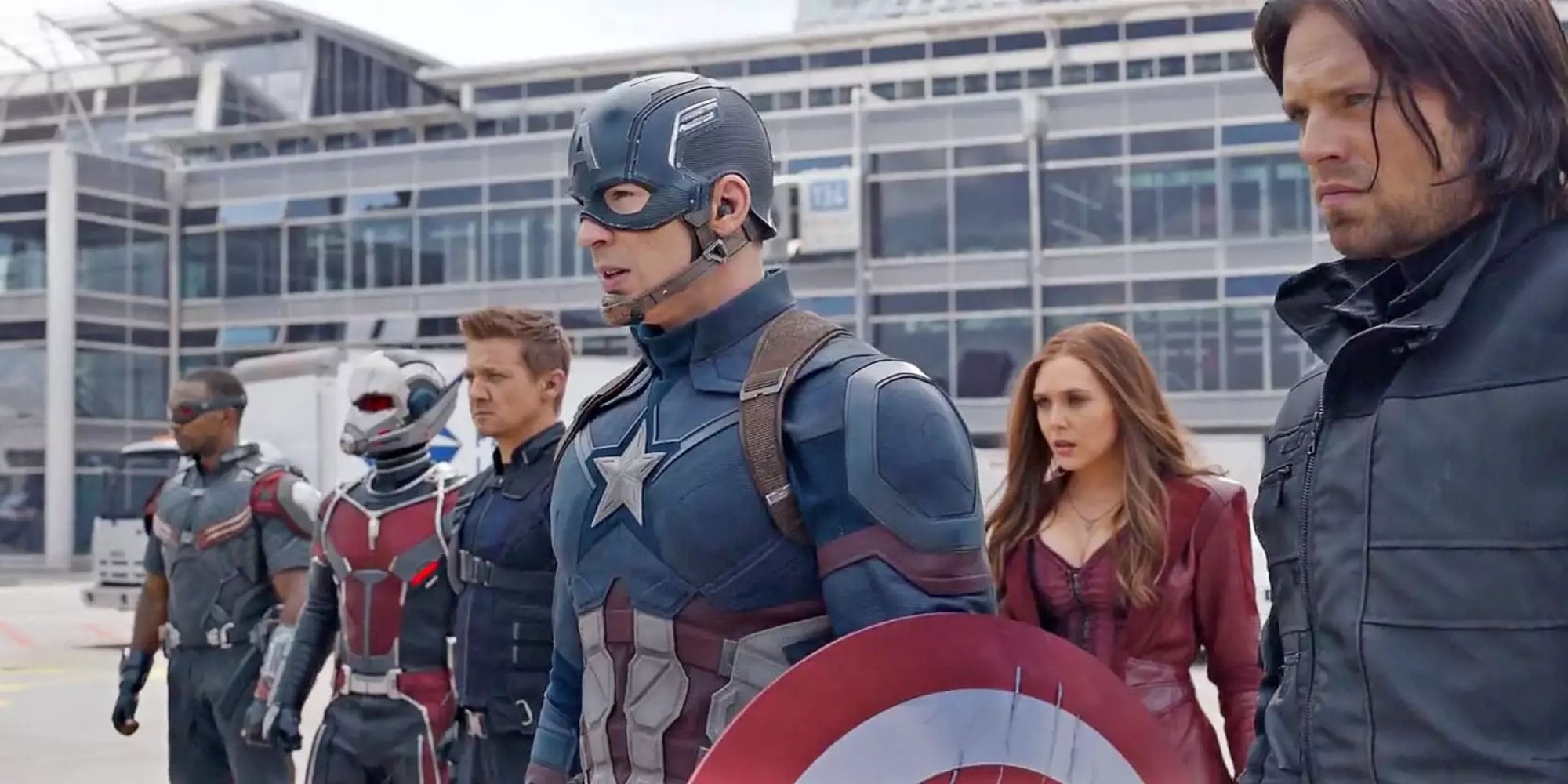Team Captain America about to fight Team Iron Man at the airport