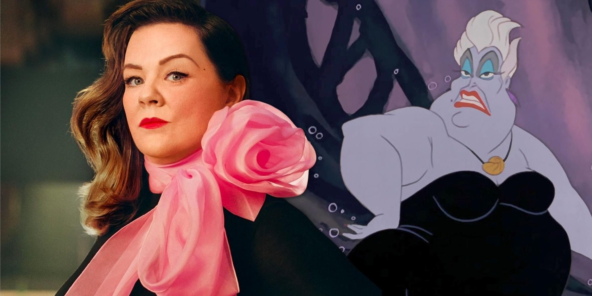 Melissa McCarthy in front of a still of Ursula from the Disney animated film the Little Mermaid