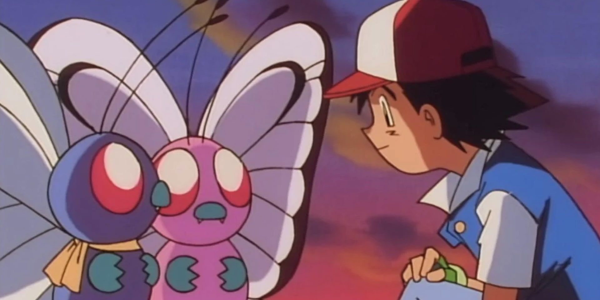 Ash kneels to be face to face with Butterfree in front of a pink sunset sky as he says goodbye in Pokémon.