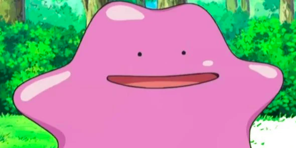 Pink Ditto stands in front of trees in Pokemon.