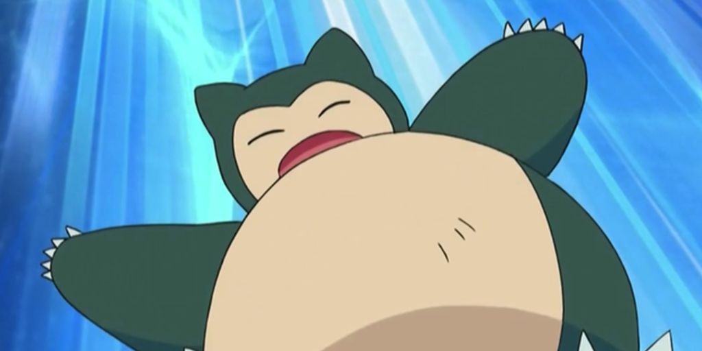 Pokemon Snorlax, eyes closed, jumps in front of a blue background with its arms out.