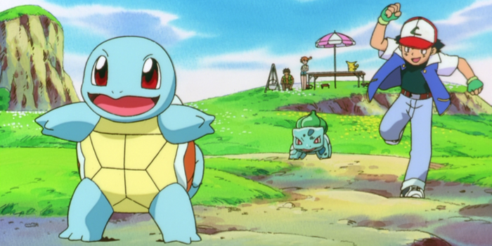 Squirtle proudly stands with its arms out. Behind him, Ash and Bulbasaur celebrate victory in Pokemon The First Movie.