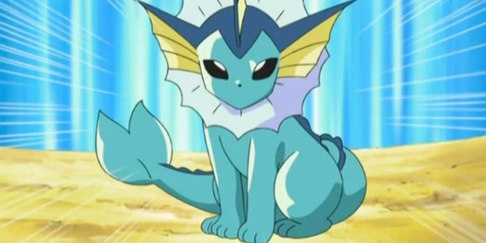 Mermaid like Vaporeon sits in the midst of a dirt battle arena in Pokemon.