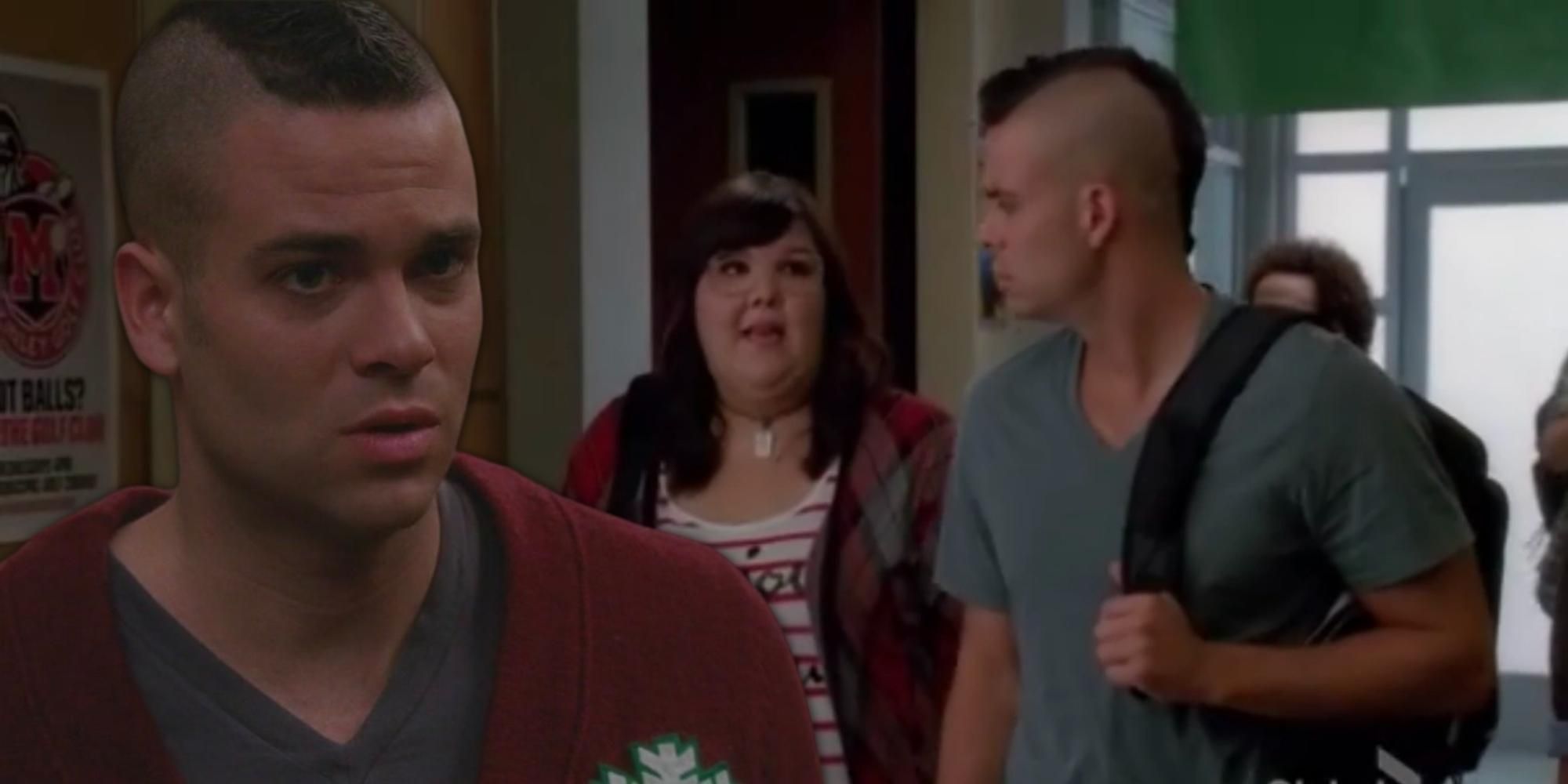 Puck looking guilty, walking with Lauren, played by Mark Salling in Glee