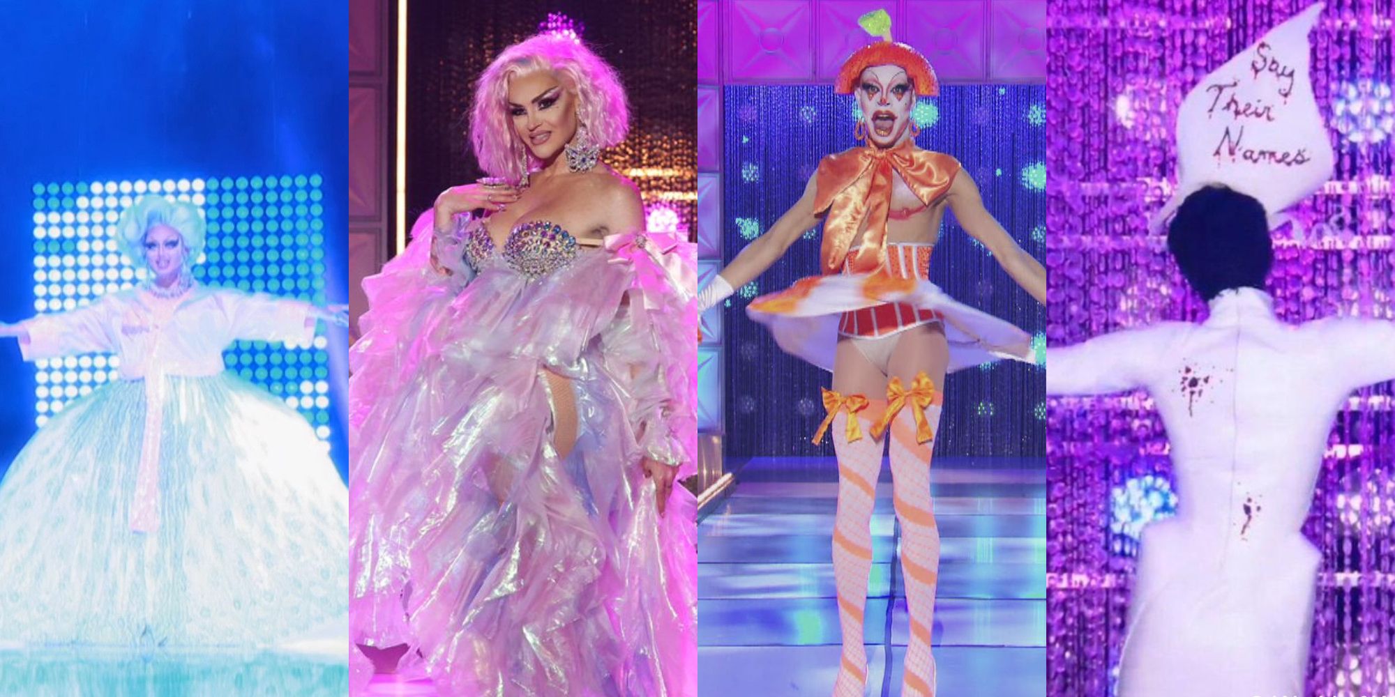 A collage of drag queens, left to right Kim Chi, Kylie Sonique Love, Yvie Oddly, and Symone