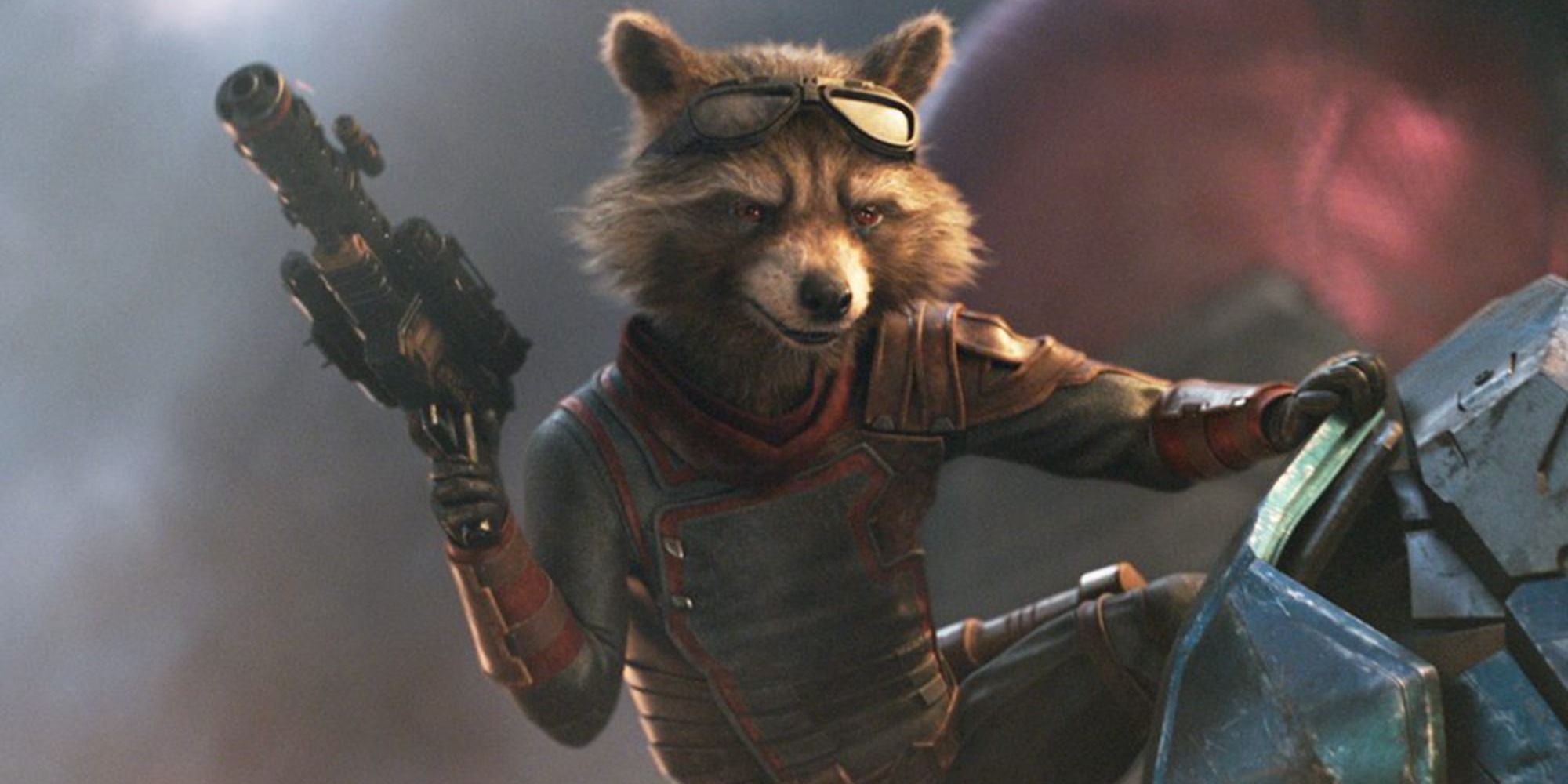 Rocket Raccoon holding a gun and laughing 