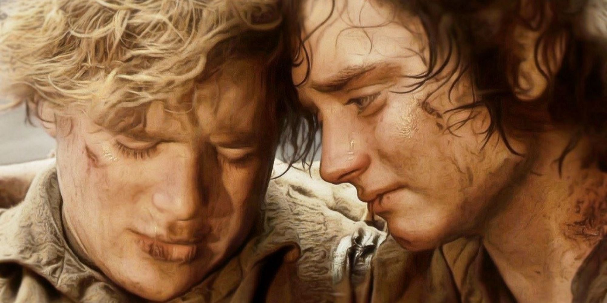 Sam and Frodo from "The Lord of the Rings"together looking defeated and exhausted