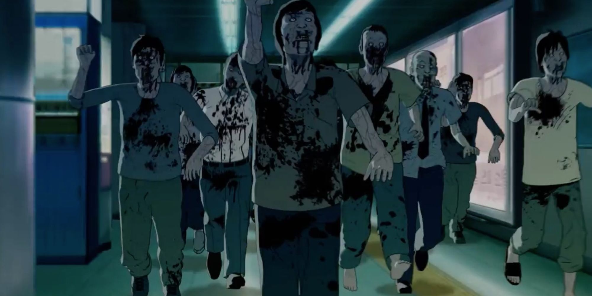 A group of zombies running through an underground station in Seoul Station.