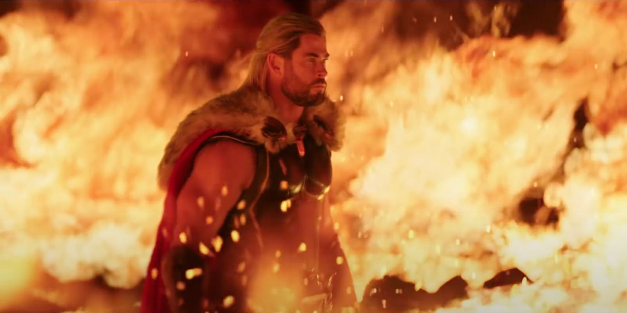 Thor walking in flames love and thunder