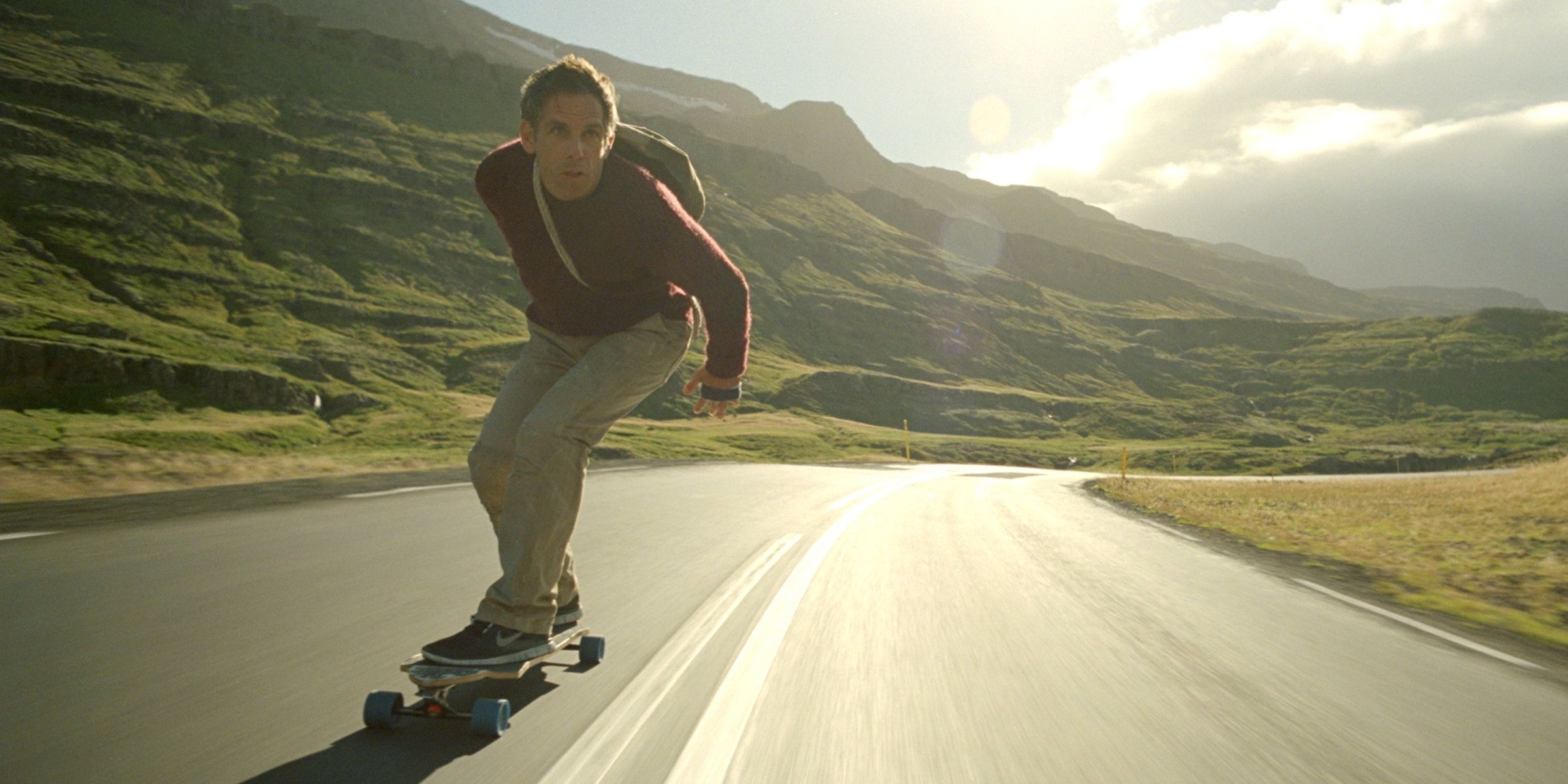 Ben Stiller as Walter Mitty skateboards in The Secret Life of Walter Mitty