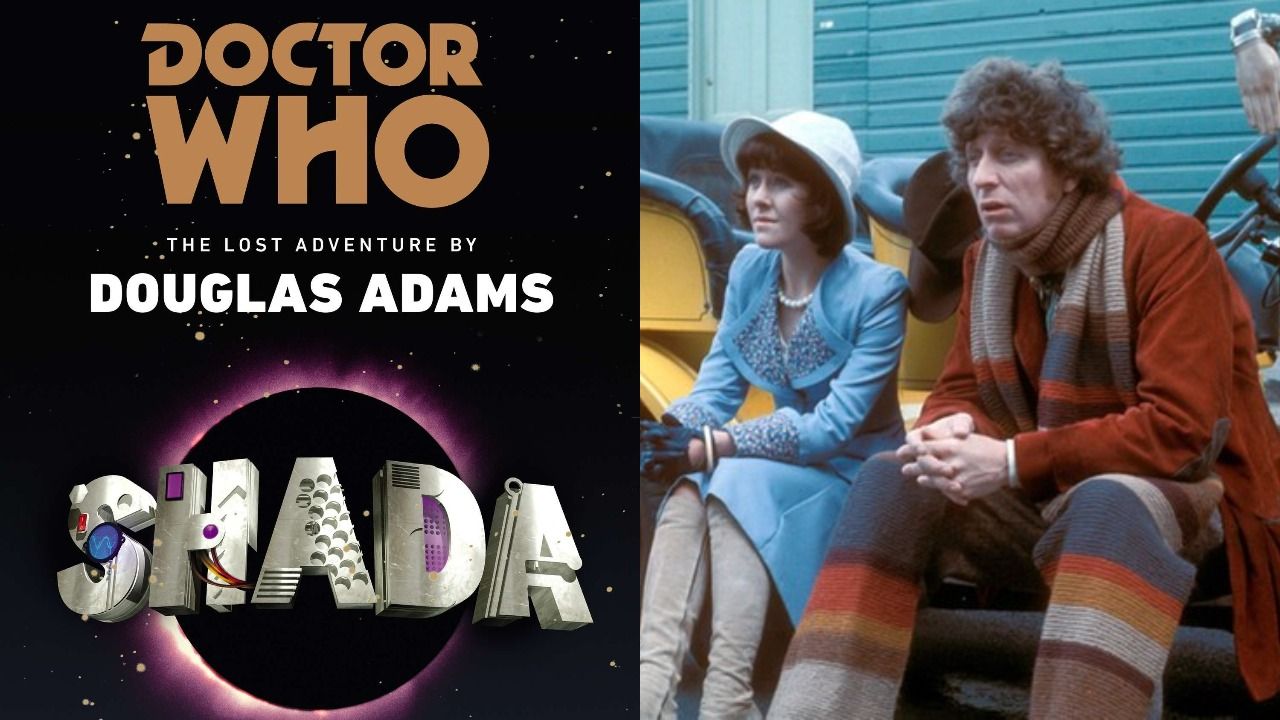 Split Image: "Shada" book cover; Tom Baker as the Fourth Doctor sitting next to Elizabeth Sladen as Sarah-Jane Smith