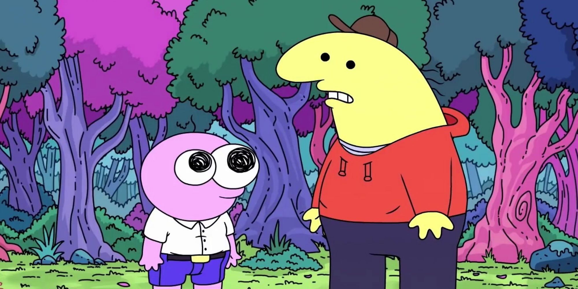 Pim and Charlie stand in the forest in 'Smiling Friends'.