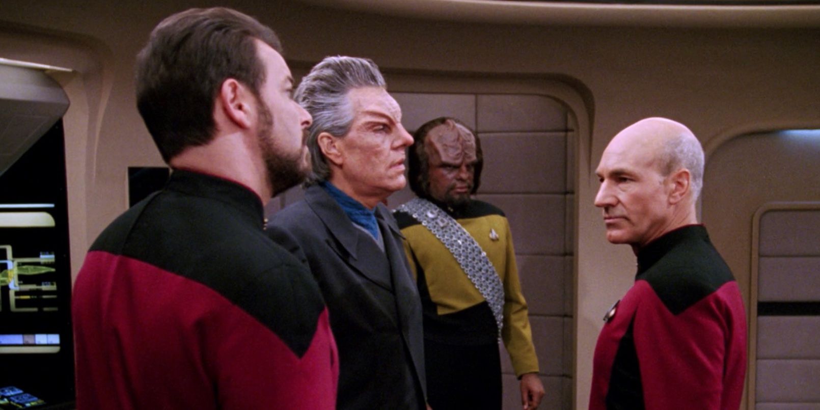 Michael Dorn, Jonathan Frakes, Patrick Stewart and Craig Richard Nelson in Star-Trek: The Next Generation