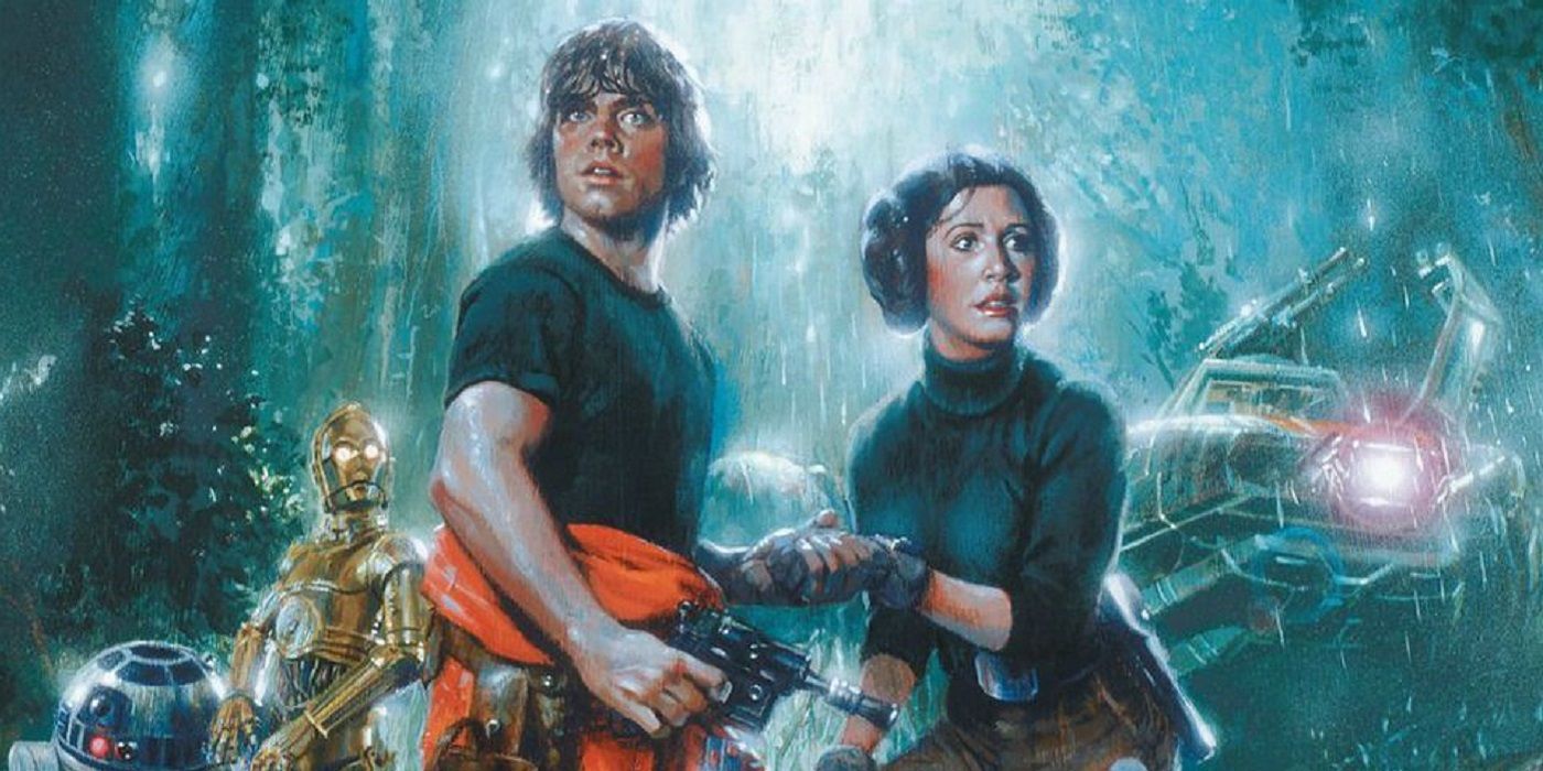 Artwork from Splinter of the minds eye featuring Luke, Leia, R2-D2, and C-3PO