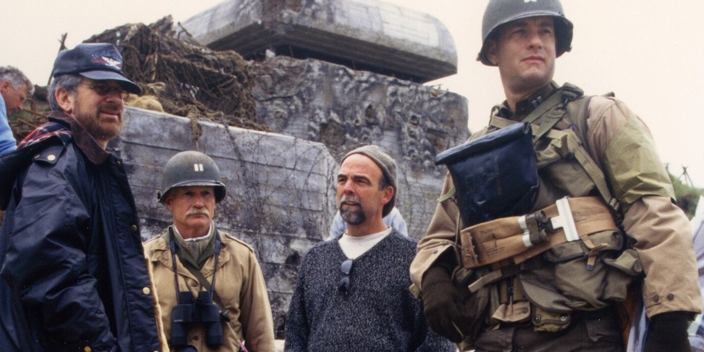 Steven Spielberg and Tom Hanks behind the scenes of Saving Private Ryan