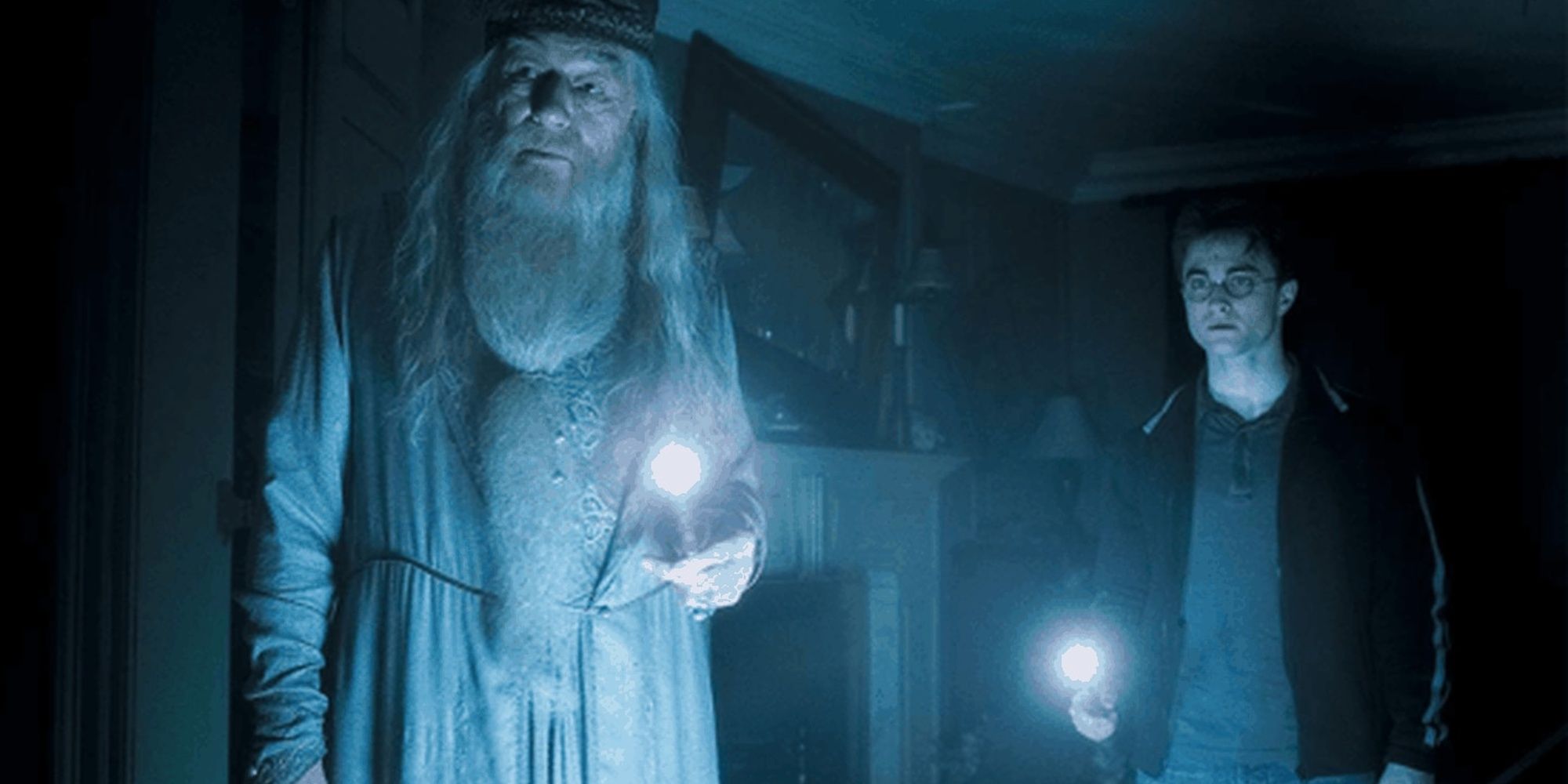 Harry Potter and Dumbledore searching a house with illuminated wands.