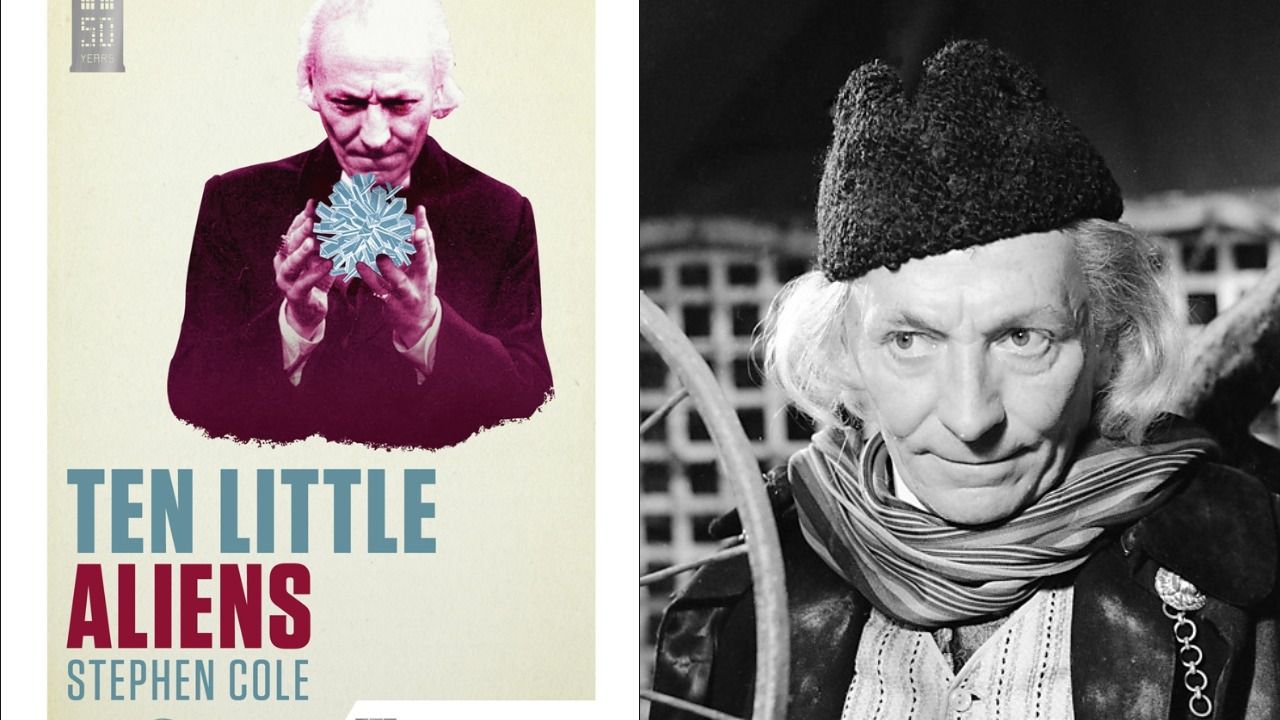 "Ten Little Aliens" book cover beside an image of William Hartnell as the First Doctor in black and white smiling slightly