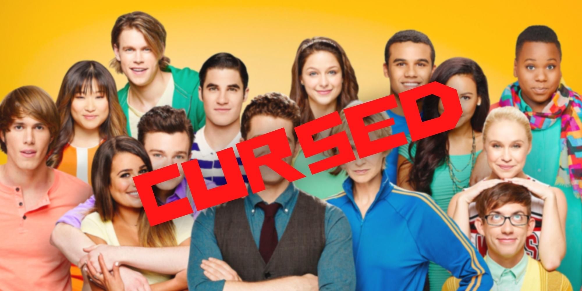 The Glee main cast posing with the word cursed in red across the image