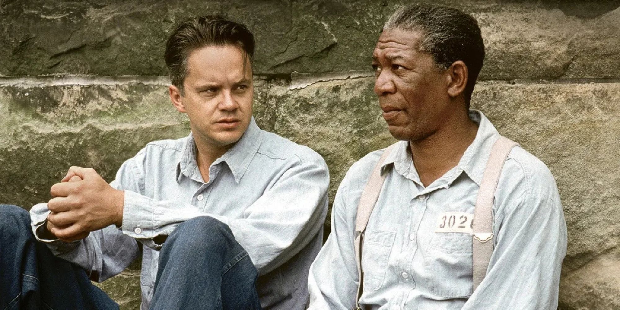 Tim Robbins as Andy Dufresne and Morgan Freeman as Red Redding in The Shawshank Redemption