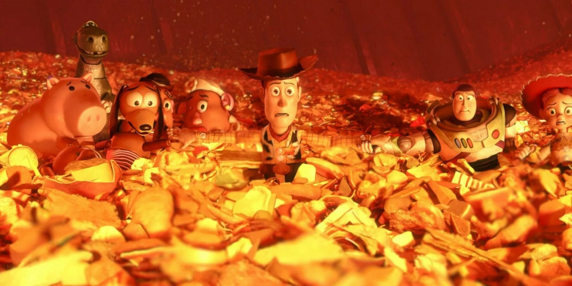 Scene in Toy Story 3 with Woody voiced by Tom Hanks, Buzz Lightyear voiced by Tim Allen as they sit in the trash about to be incinerated.