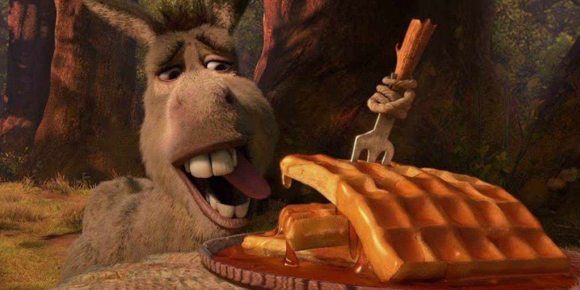 Donkey attempting to eat a waffle