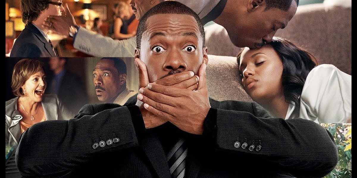 Eddie Murphy as Jack McKall covering his mouth with other characters in the background in the movie A Thousand Words (2012)