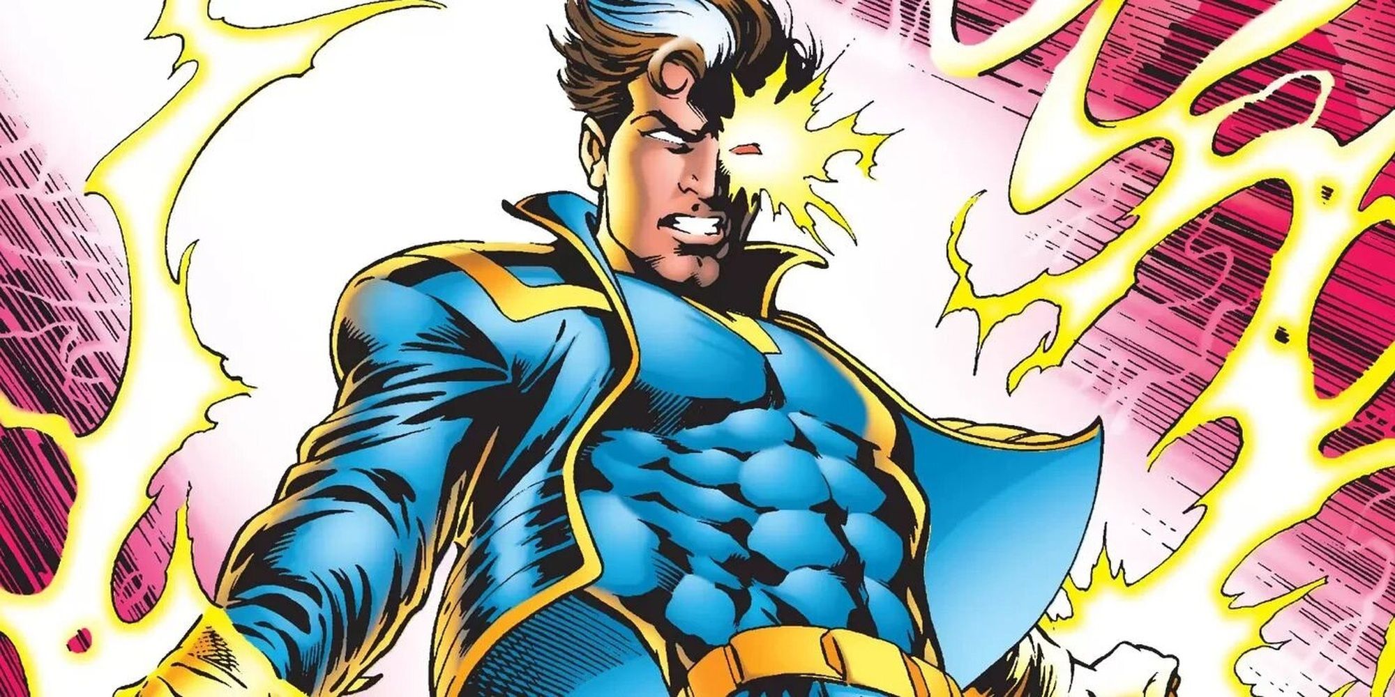 X-Man, Nate Grey, is harnessing his powers, being surrounded by bands of psionic energy and emitting energy from his eye. 