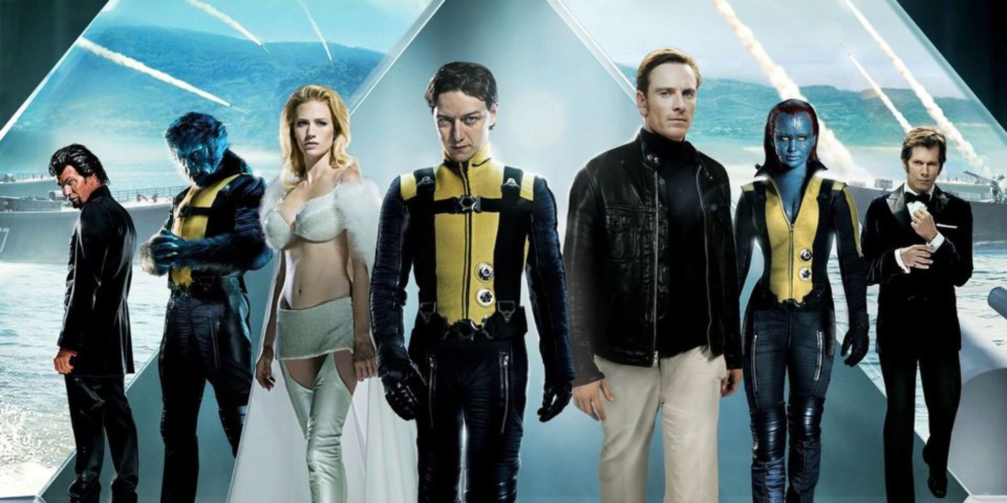 The cast pose for a promo photo in thier superhero outfits for X-Men: First Class.