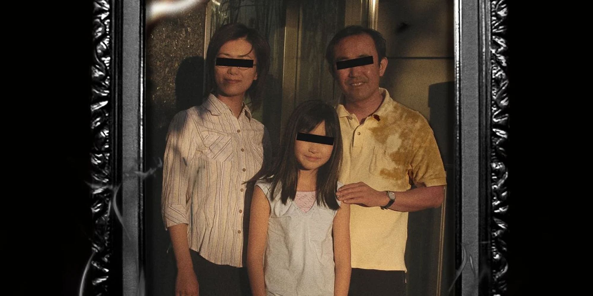 family photo of man, woman, and young girl: their eyes are censored by black bars