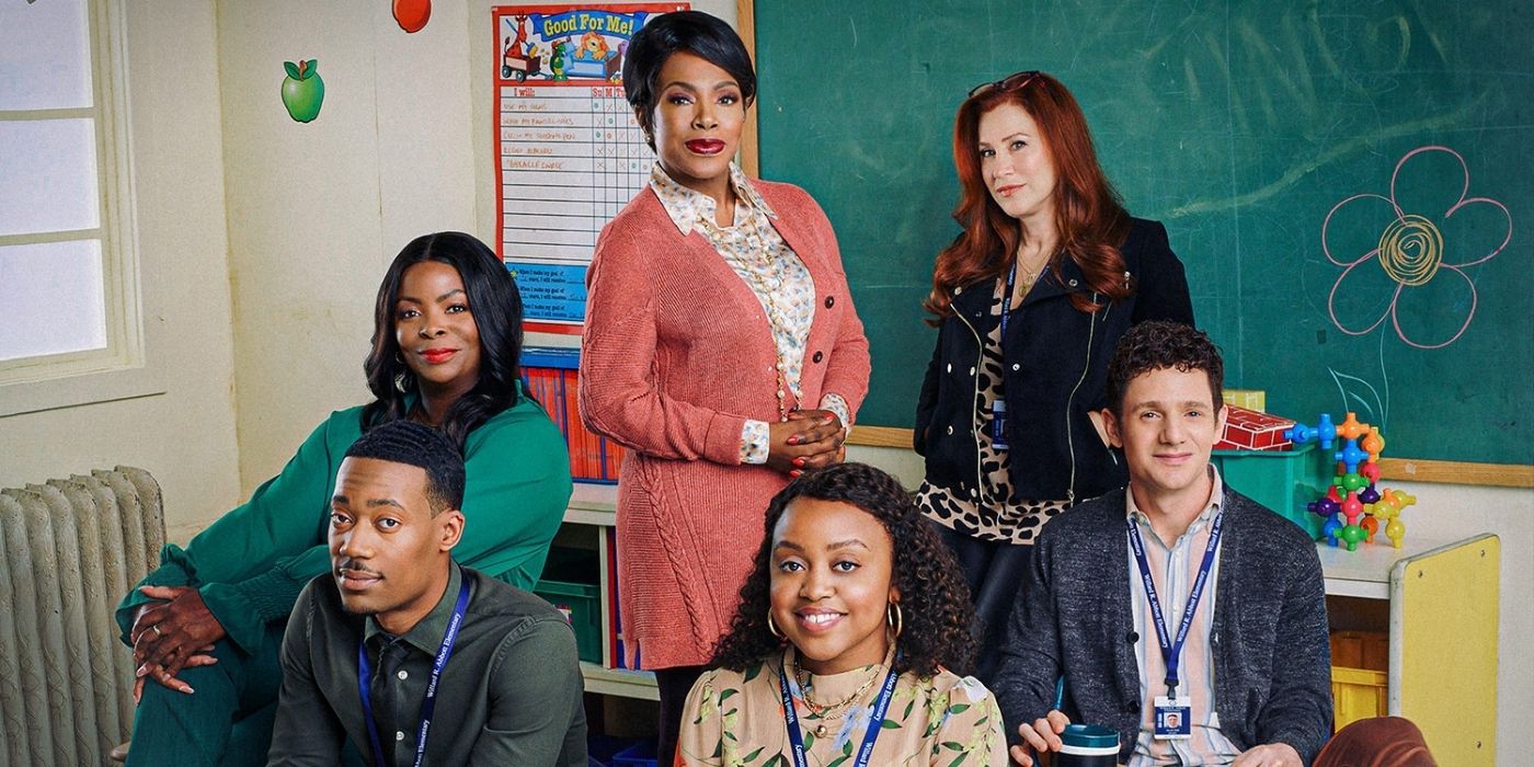 promotional image of the full main cast of Abbott Elementary in a children's classroom