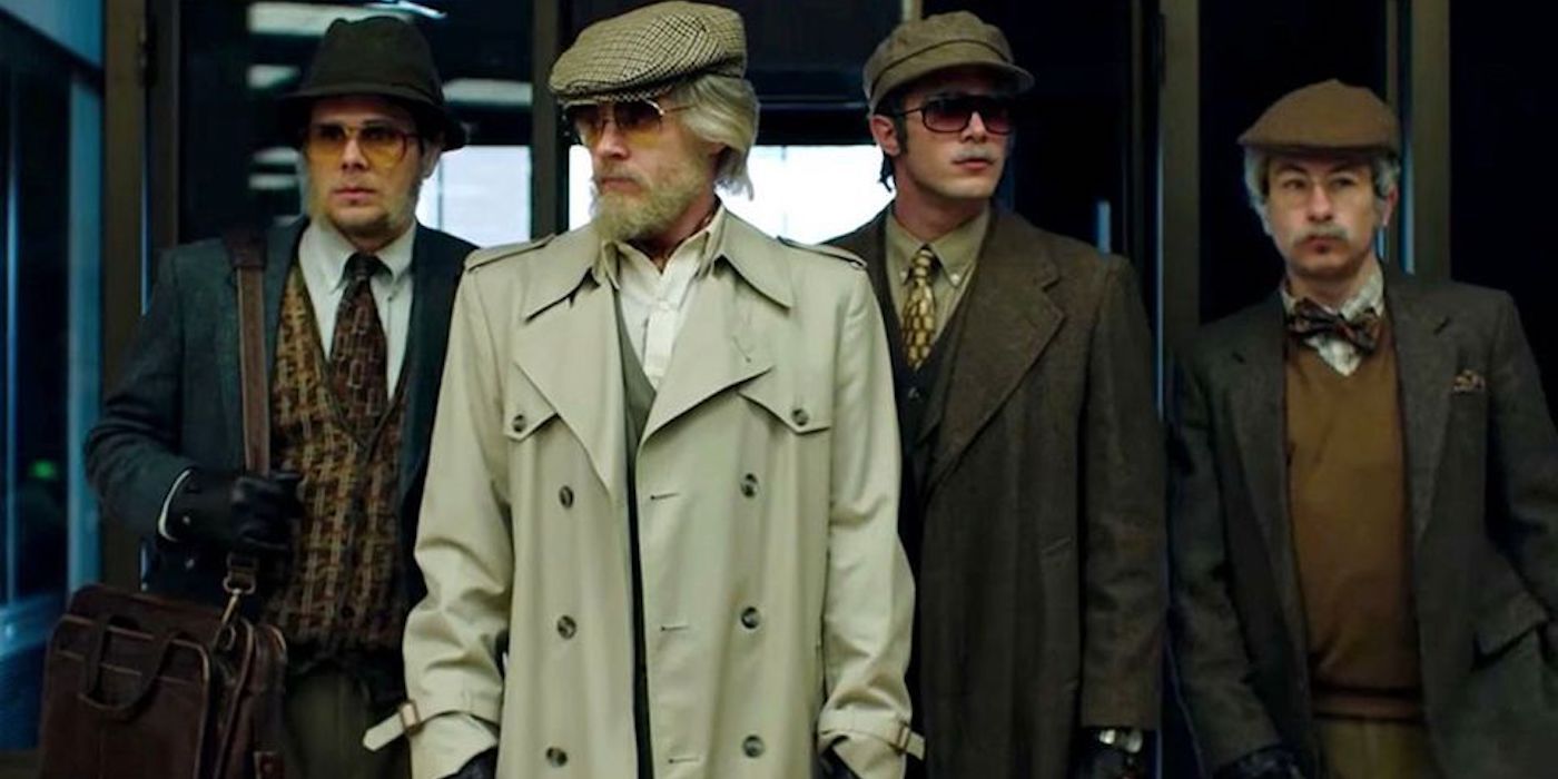 Four young men disguised as older men in the movie American Animals