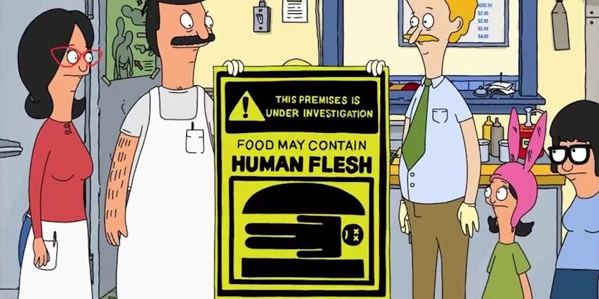 Bob, Linda, Tina, Louise, and health inspector Ron standing in front of a human flesh sign in the restaurant window in Bob's Burgers Episode 1
