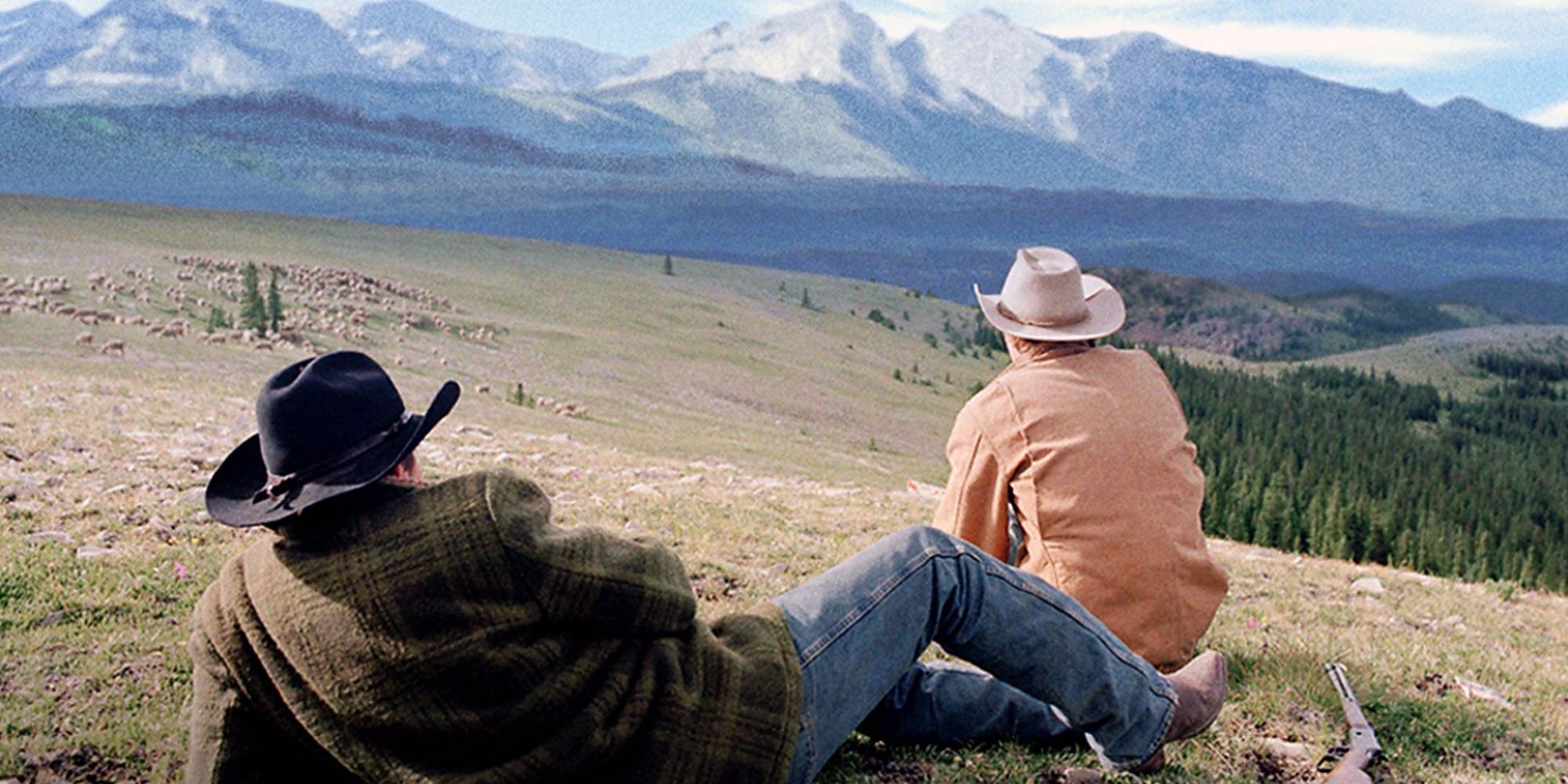 Ennis Del Mar (Heath Ledger) and Jack Twist (Jake Gyllenhaal) survey the Wyoming countryside