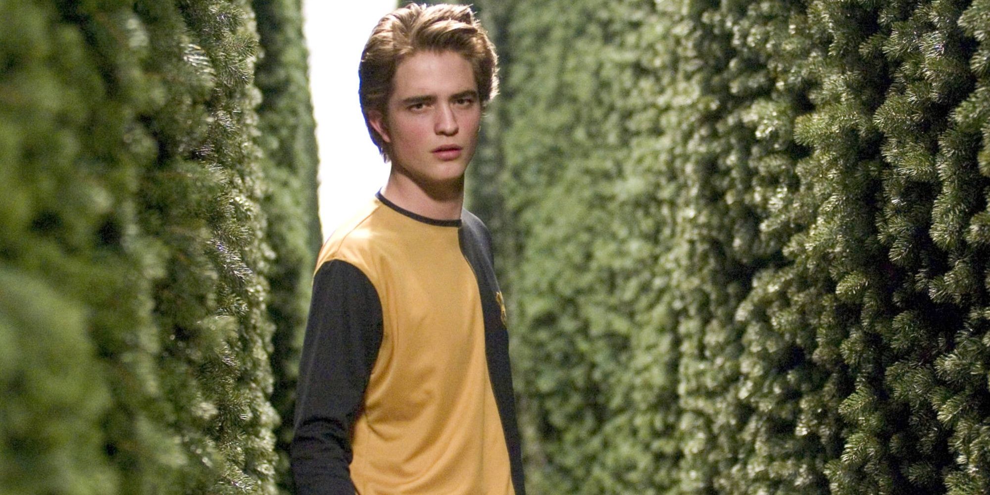 Cedric Diggory (Robert Pattinson) standing in a maze and looking ahead in Harry Potter and the Goblet of Fire.