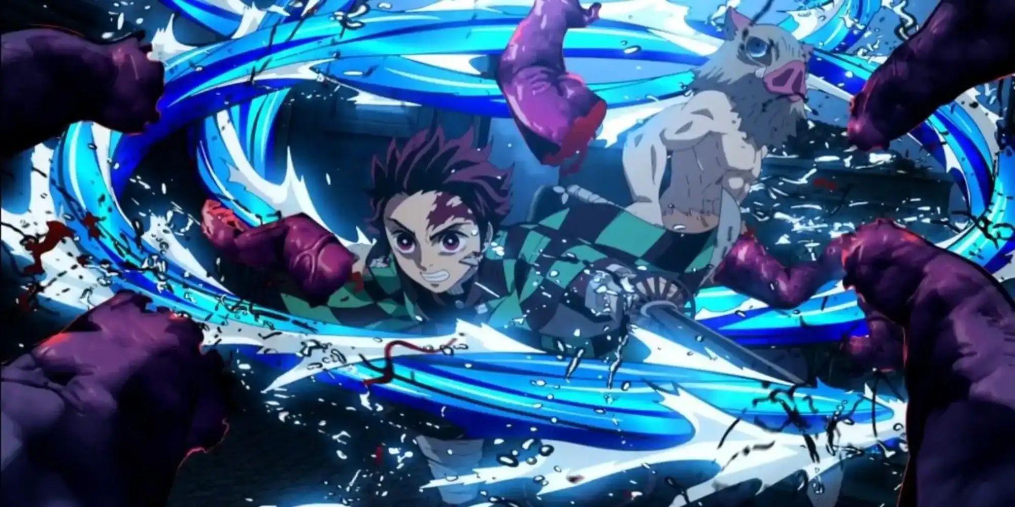 A character from Demon Slayer fights with flashes of light in a circle of energy.