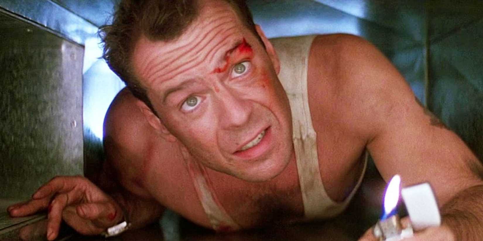 Bruce Willis with a lighter crawling through an air duct in Die Hard.