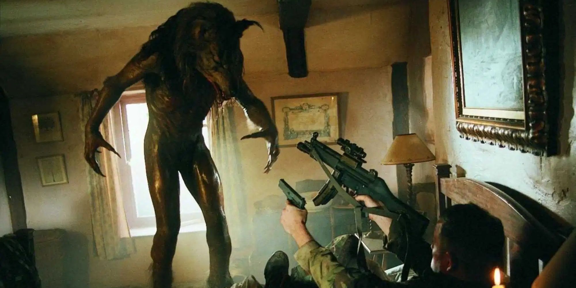 A soldier shoots at a werewolf in Dog Soldiers