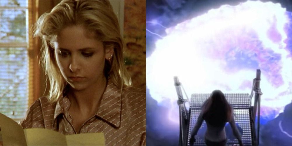 Left: Buffy, reading a letter, from the early seasons episode Passion; Right: Buffy, above a portal, from the late seasons episode The Gift