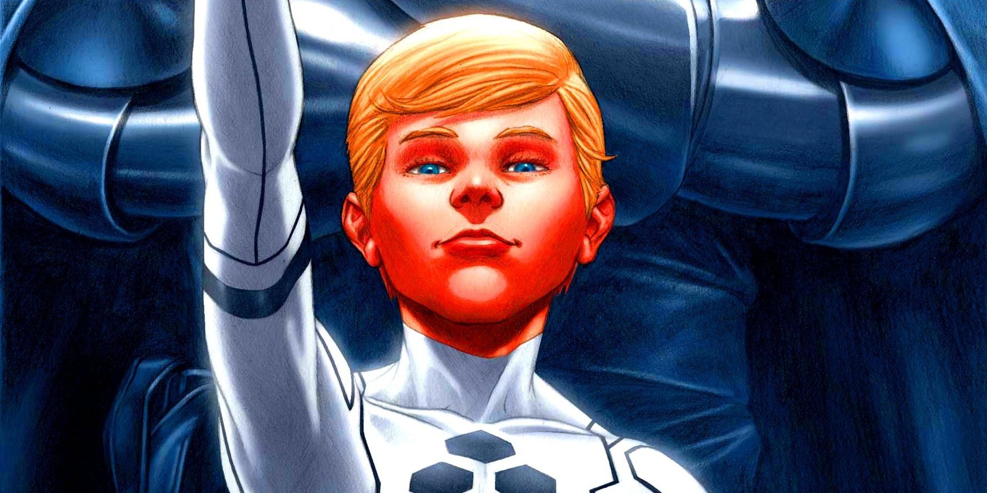 Franklin Richards of the Fantastic Four smiling and looking confident in his hero suit, one arm reaching up