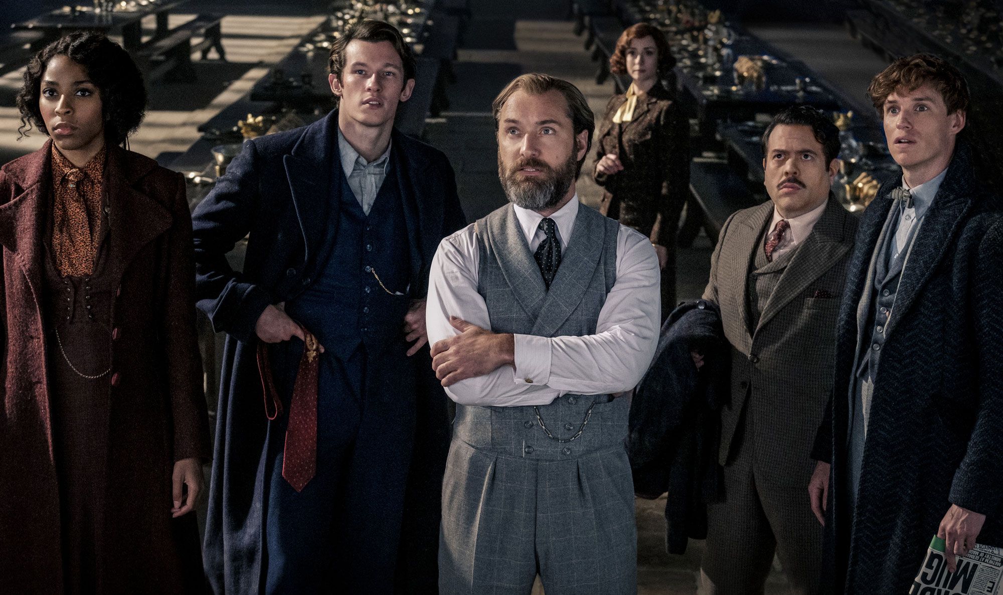 Jessica Williams, Callum Turner, Jude Law, Dan Fogler and Eddie Redmayne in Fantastic Beasts 3