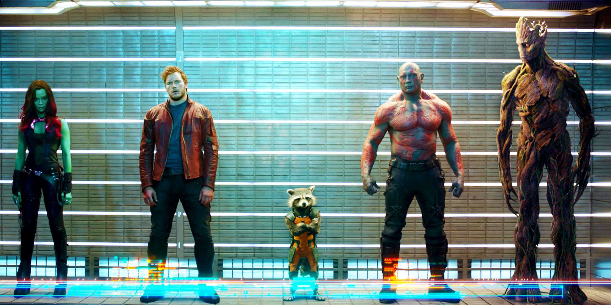 Gamora Peter Quill Rocket Drax Groot all stand in a line