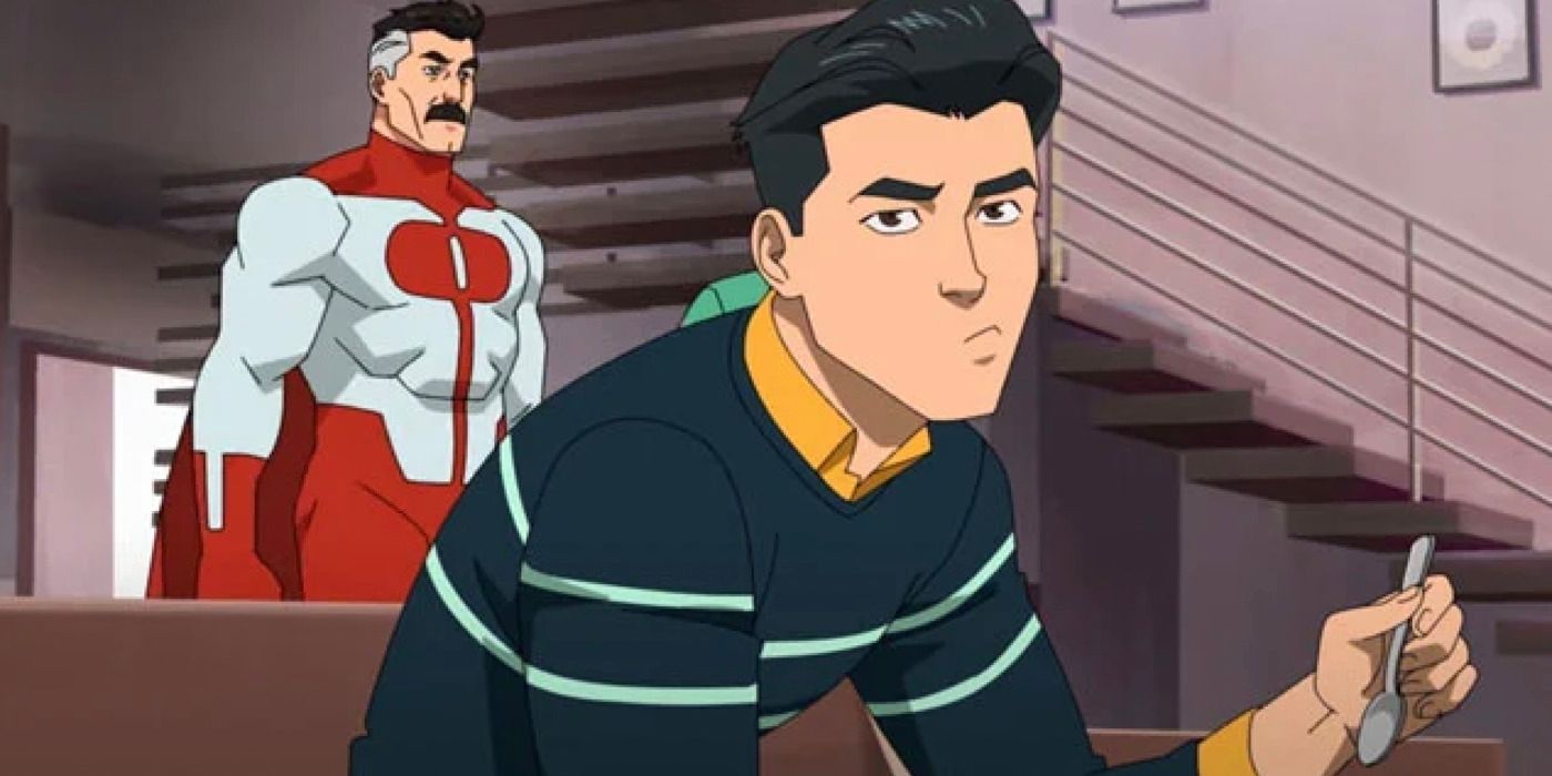 Mark Grayson, voiced by Steven Yeun, deals with inheriting his father Omni-Man's, voiced J.K Simmons, powers