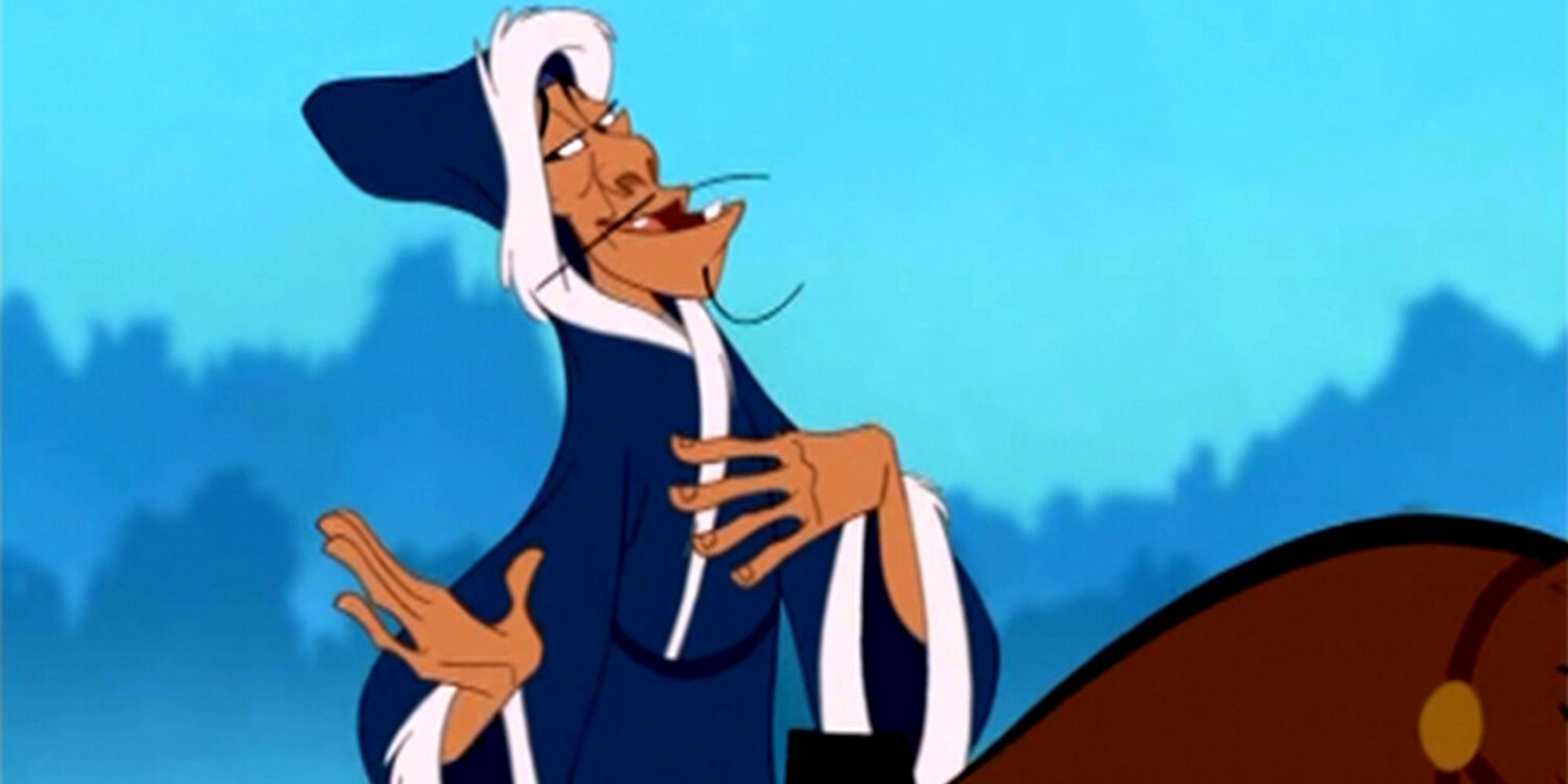 james hong in mulan as chi-fu sings as he rides a horse in a robe
