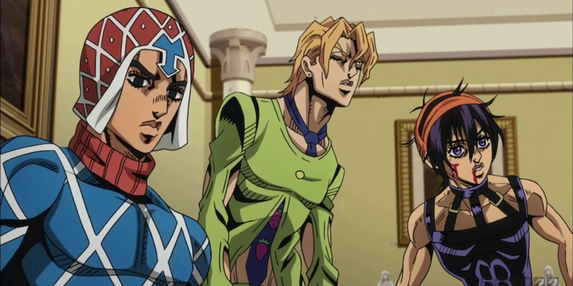 Three characters from Jojo&rsquo;s Bizarre Adventure wearing costumes.