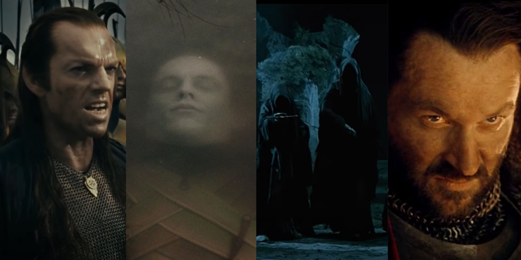 From left to right- Elrond, a ghostly elf, two Ringwraiths, and Isildur 
